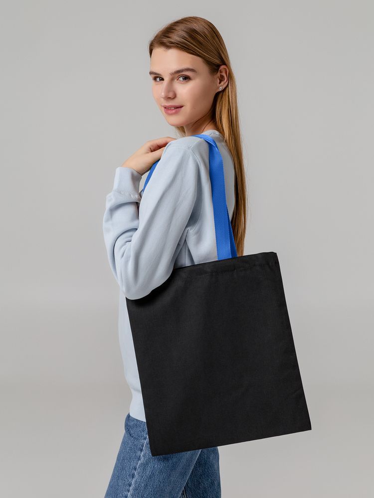 Холщовая сумка BrighTone, черная с ярко-синими ручками - фото от интернет-магазина подарков Хочу Дарю
