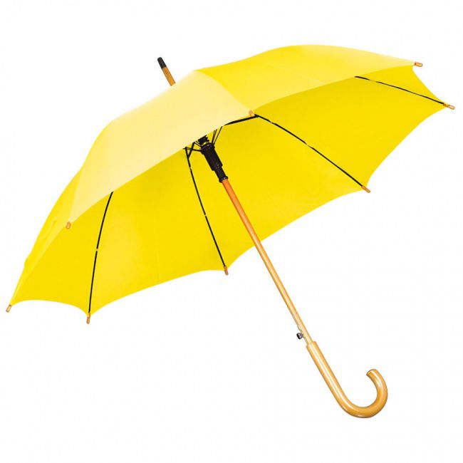 Зонт-трость с деревянной ручкой, полуавтомат; желтый; D=103 см, L=90см; нейлон; шелкография - фото от интернет-магазина подарков Хочу Дарю