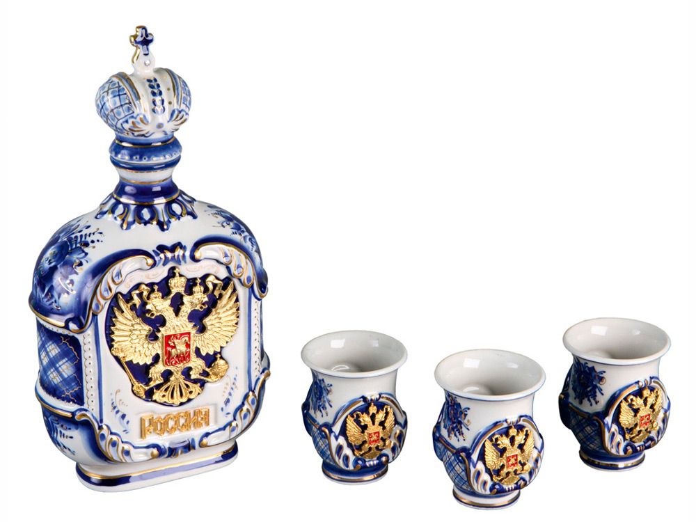 Набор Россия: штоф для водки с тремя стопками - фото от интернет-магазина подарков Хочу Дарю
