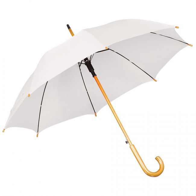 Зонт-трость с деревянной ручкой, полуавтомат; белый; D=103 см, L=90см; нейлон; шелкография - фото от интернет-магазина подарков Хочу Дарю