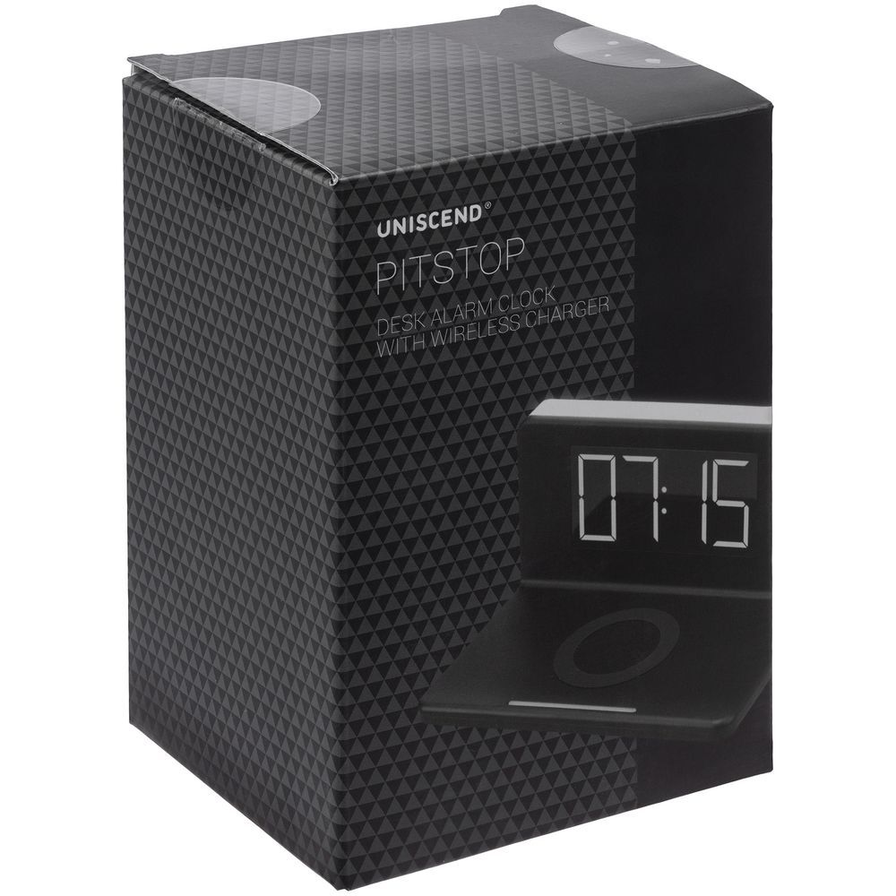 Часы настольные с беспроводным зарядным устройством Pitstop, черные - фото от интернет-магазина подарков Хочу Дарю