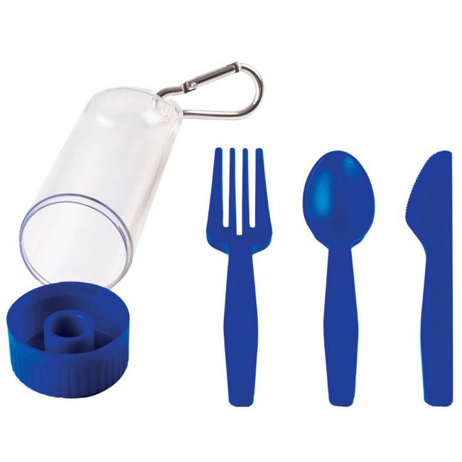 Набор "Pocket":ложка,вилка,нож в футляре с карабином, синий, 4,2х15см,пластик - фото от интернет-магазина подарков Хочу Дарю