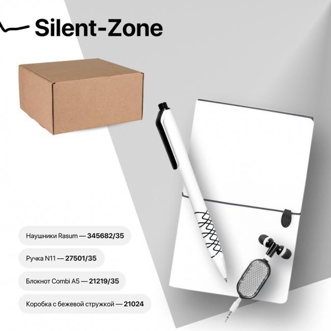 Набор подарочный SILENT-ZONE: бизнес-блокнот, ручка, наушники, коробка, стружка, бело-черный - фото от интернет-магазина подарков Хочу Дарю