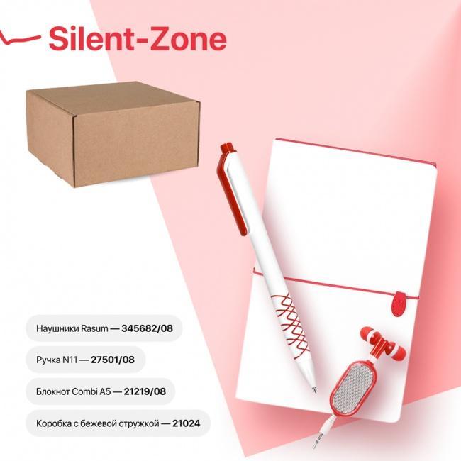Набор подарочный SILENT-ZONE: бизнес-блокнот, ручка, наушники, коробка, стружка, бело-красный - фото от интернет-магазина подарков Хочу Дарю