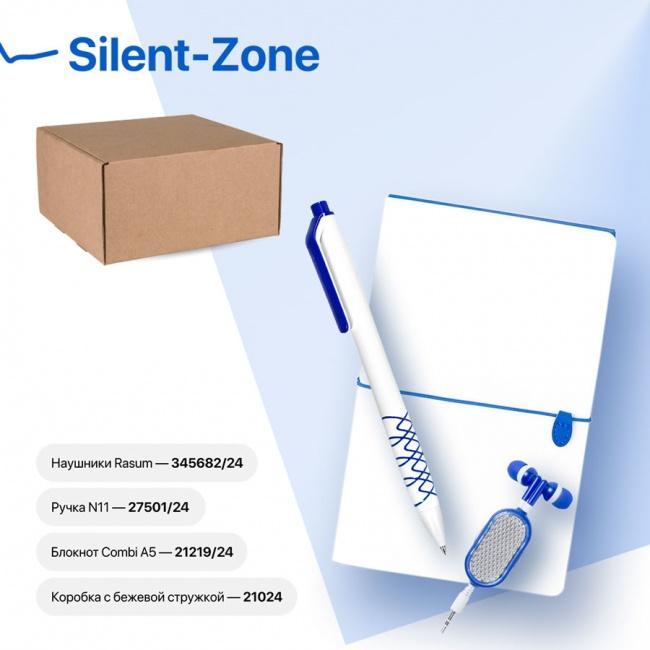 Набор подарочный SILENT-ZONE: бизнес-блокнот, ручка, наушники, коробка, стружка, бело-синий - фото от интернет-магазина подарков Хочу Дарю