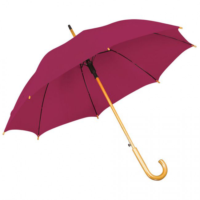 Зонт-трость с деревянной ручкой, полуавтомат; бордовый; D=103 см, L=90см; нейлон; шелкография - фото от интернет-магазина подарков Хочу Дарю