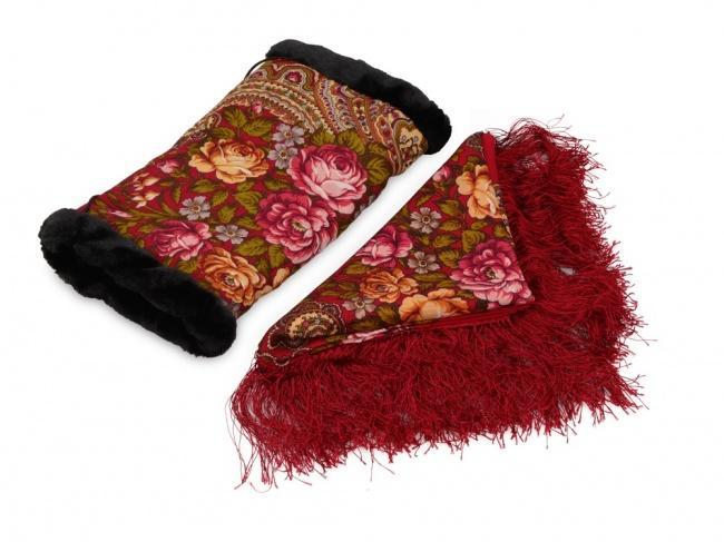 Подарочный набор: Павлопосадский платок, муфта Красный - фото от интернет-магазина подарков Хочу Дарю