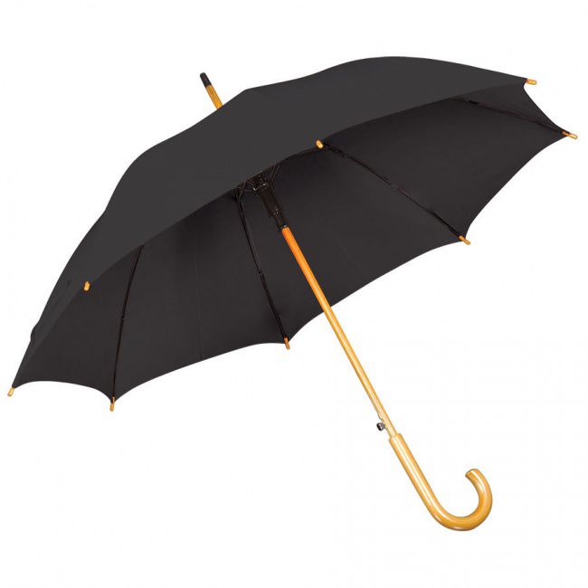 Зонт-трость с деревянной ручкой, полуавтомат; черный; D=103 см, L=90см; нейлон; шелкография - фото от интернет-магазина подарков Хочу Дарю