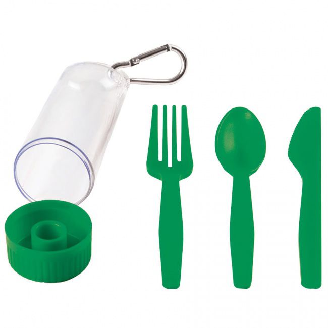 Набор "Pocket":ложка,вилка,нож в футляре с карабином, зеленый, 4,2х15см,пластик - фото от интернет-магазина подарков Хочу Дарю