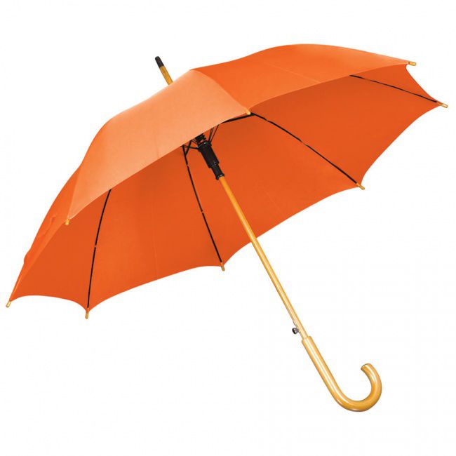 Зонт-трость с деревянной ручкой, полуавтомат; оранжевый; D=103 см, L=90см; нейлон; шелкография - фото от интернет-магазина подарков Хочу Дарю