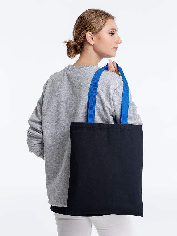 Холщовая сумка BrighTone, черная с ярко-синими ручками - фото от интернет-магазина подарков Хочу Дарю