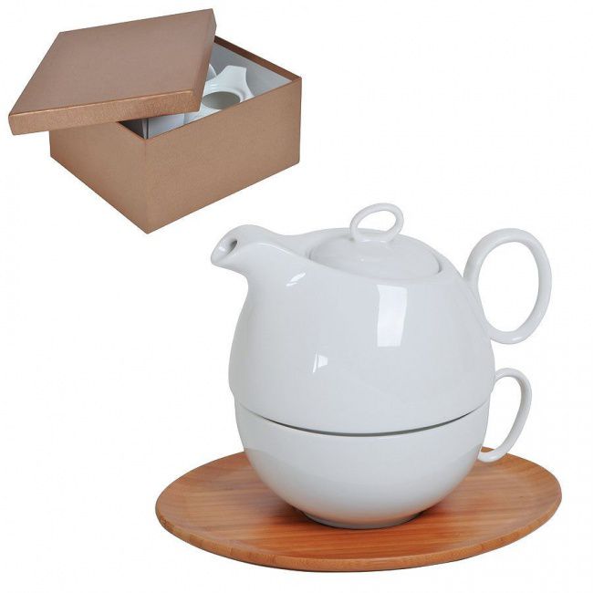 Набор "Мила": чайник и чайная пара в подарочной упаковке, 21,5х24х12см,500мл и 300мл, фарфор, бамбук - фото от интернет-магазина подарков Хочу Дарю